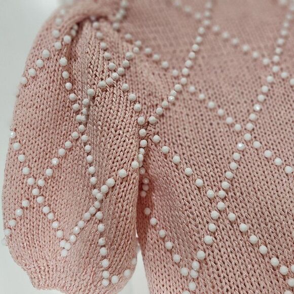 Vintage 80s Lillie Rubin Sweater Womens Size Small Pink White Beads Faux Pearls - Picture 6 of 8